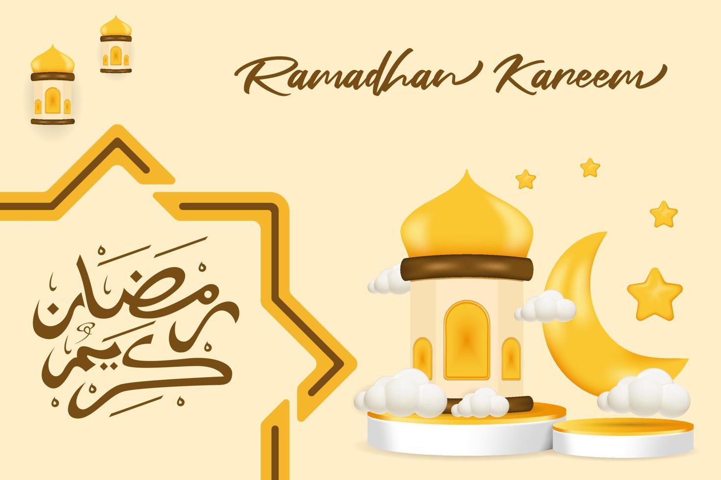 3d ramadan kareem con mezquita y plantilla de vector de luna