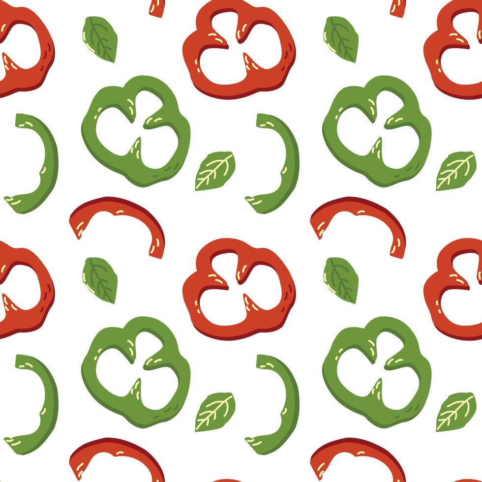 Seamless pattern of pepper slices and leaves vector