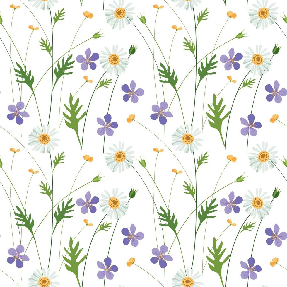 Seamless pattern of daisies and wildflowers vector