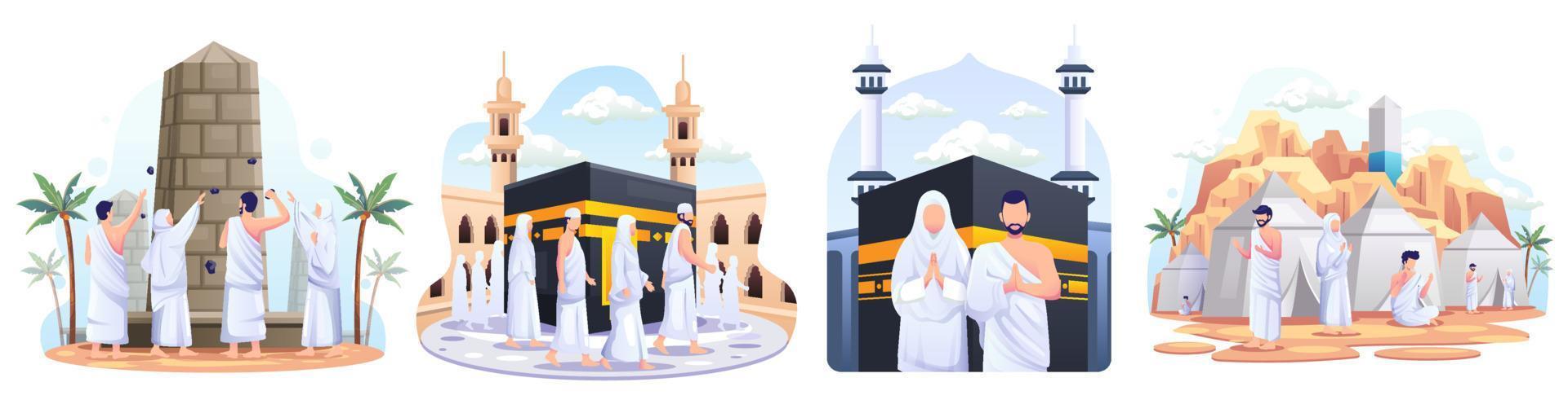 Set of Muslim couple is doing Islamic hajj pilgrimage. Flat style vector illustration