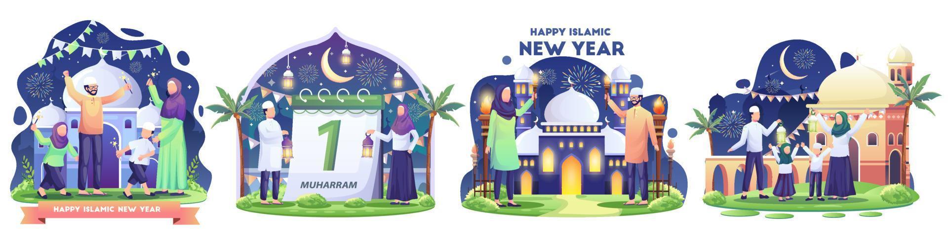 grupo de familias musulmanas celebrando el año nuevo islámico con el festival de antorchas. ilustración vectorial de estilo plano vector