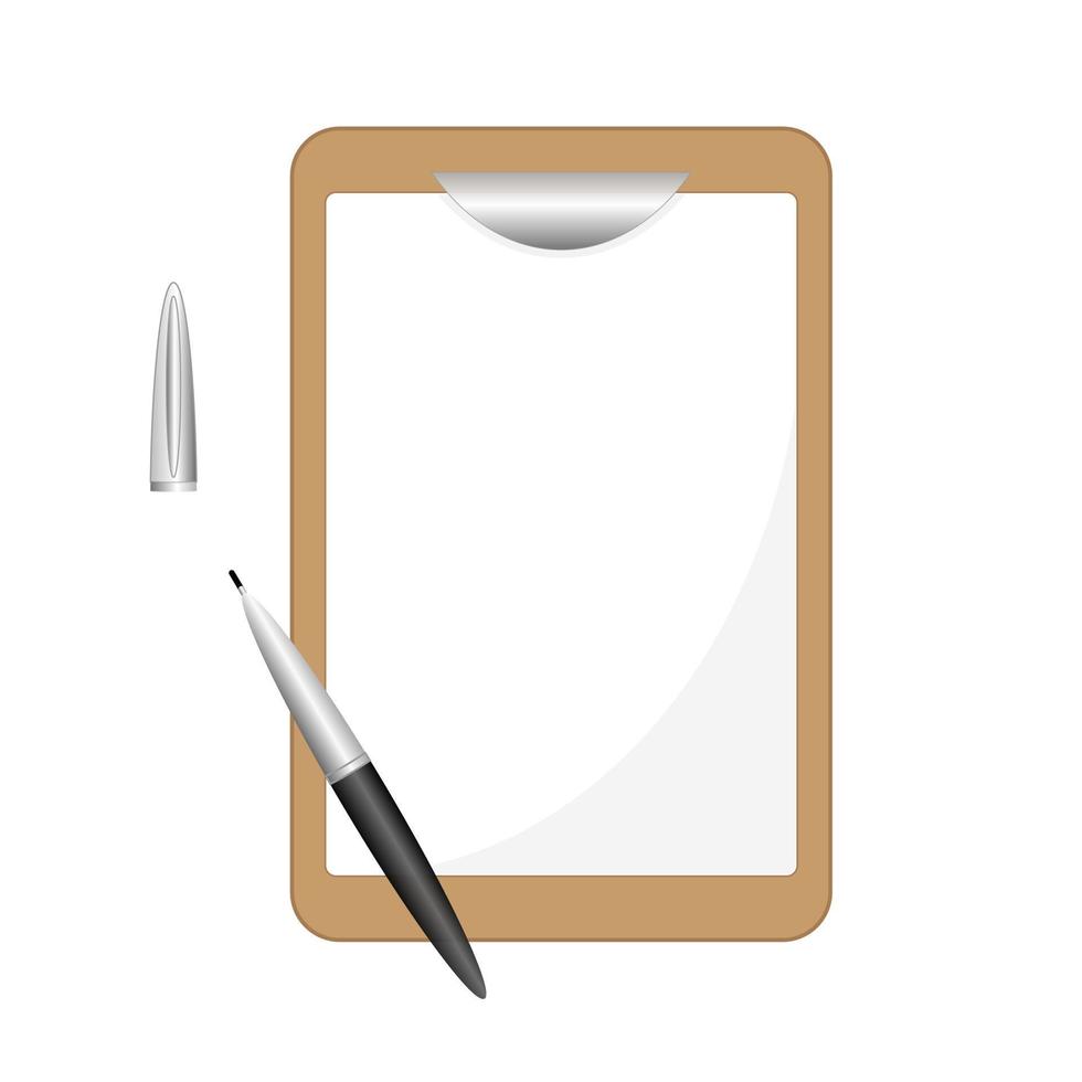 Clip board with blank paper and pen isolated on white background. Template, Mock up vector