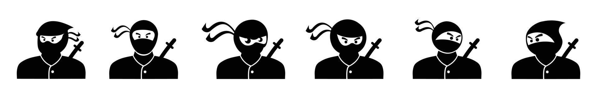 conjunto de diseño de ninja de icono de silueta, conjunto de ninjas en varias poses sobre fondo blanco vector