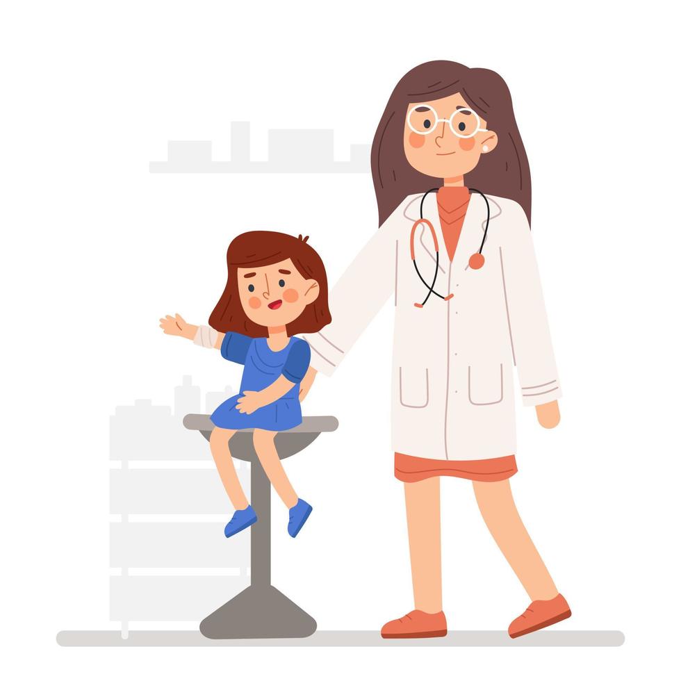A podiatrist uses a bandage to help a girl. patient with a sore arm at appointment with doctor in medical office. orthopedist treats small child in hospital. children s doctor works with a patient vector