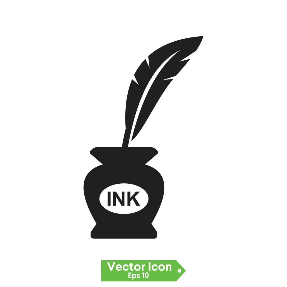 Feather with ink. Inkwell and feather logo on white background vector
