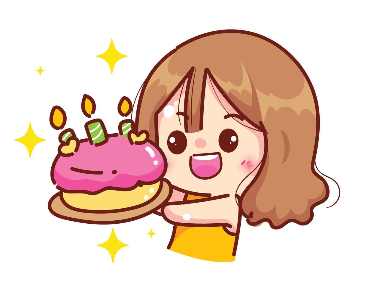 Cute girl holding cake bakery restaurant logo concept cartoon character hand draw art illustration vector