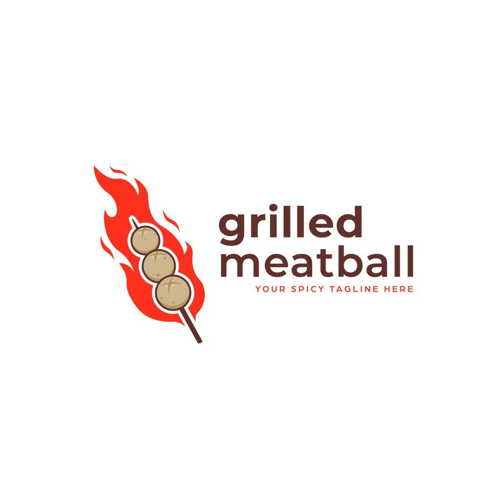 grilled spicy hot skewer satay meatball logo icon with red hot flame vector