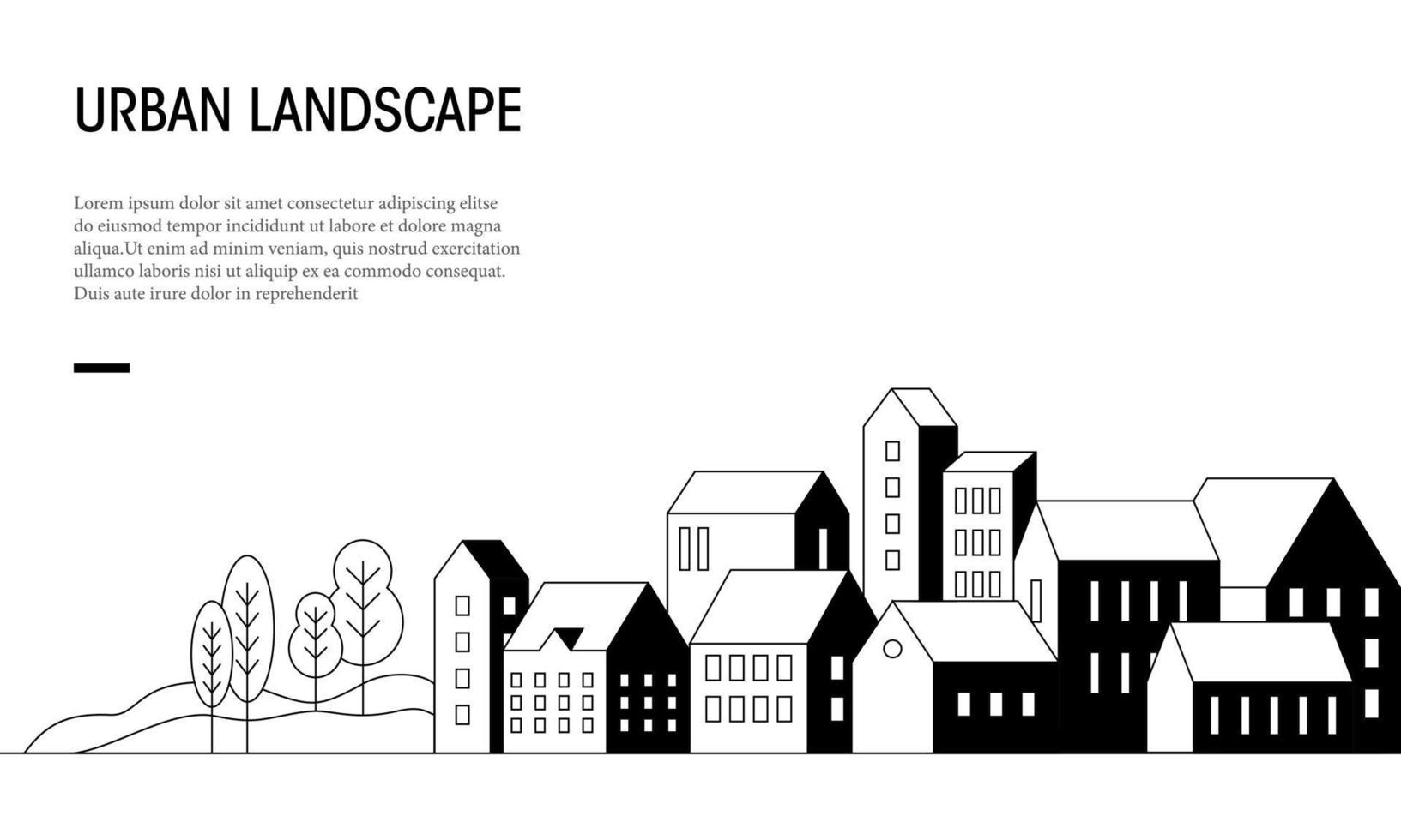 ilustración de vector plano de vista de paisaje urbano en estilo de contorno. adecuado para el elemento de diseño del elemento de diseño de los antecedentes promocionales inmobiliarios, el horizonte de la ciudad y el turismo de aldea.