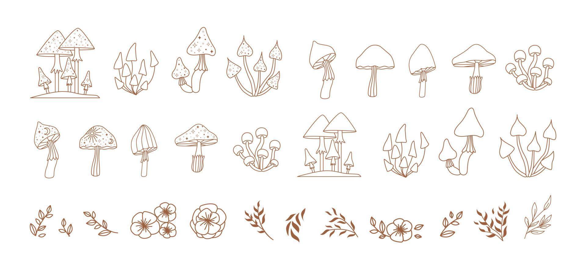 Magic mushrooms and plants in line, vector