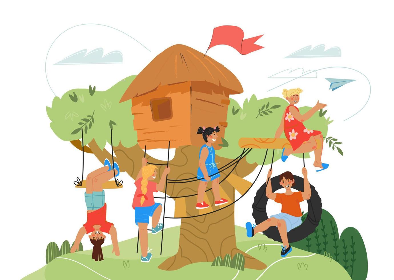 Fondo de juegos infantiles con casa del árbol y niños y niñas jugando. campamento de verano para niños o campo de juegos de jardín de infantes para actividades y ocio. ilustración vectorial plana aislada. vector