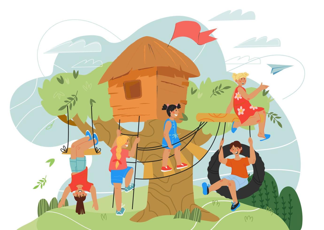 Children playing on playground with tree house. Summer landscape with kids game hut or toy home in forest. Fun and amusement near playhouse. Flat cartoon vector illustration.