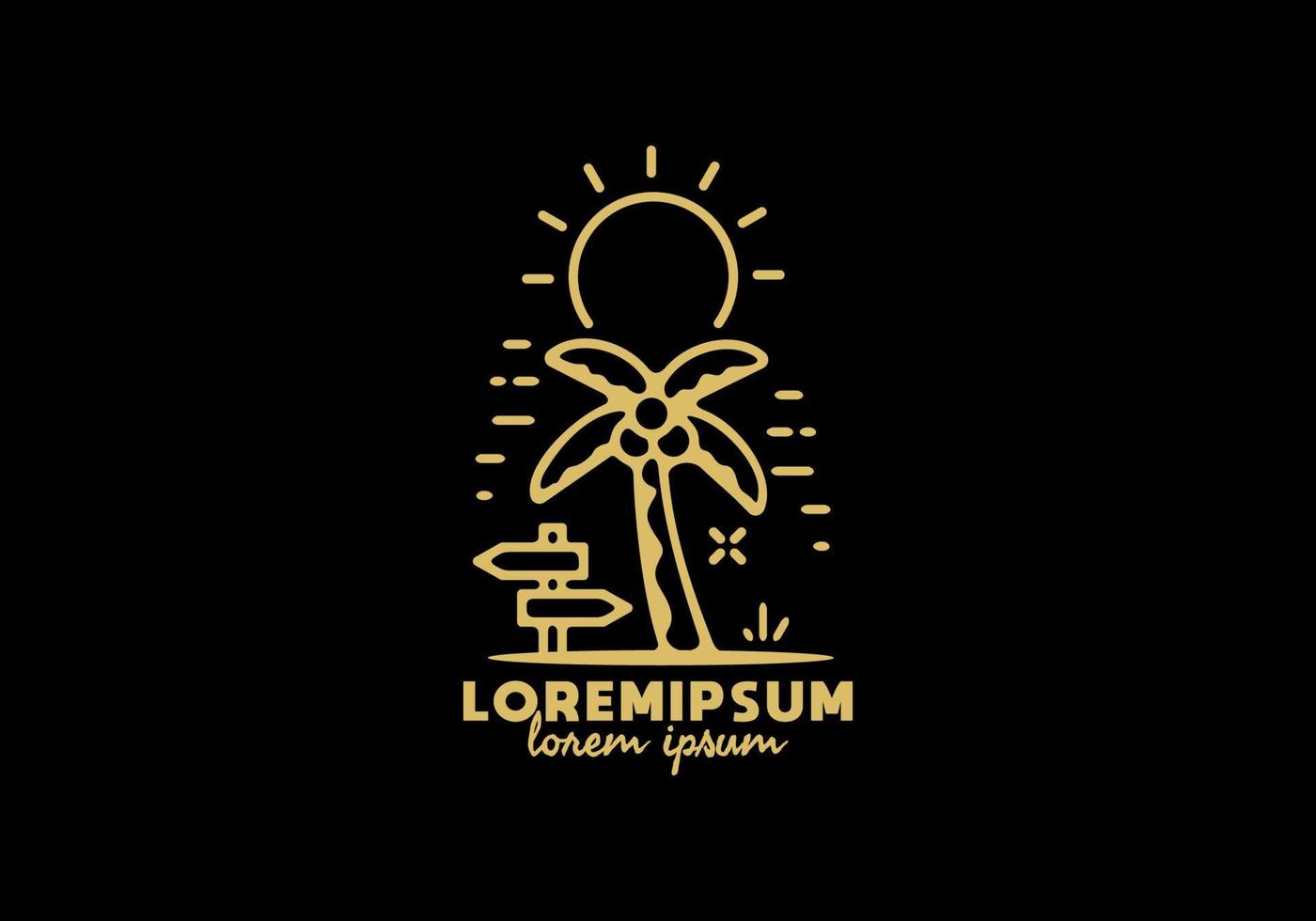 Coconut tree and big sun line art with lorem ipsum text vector