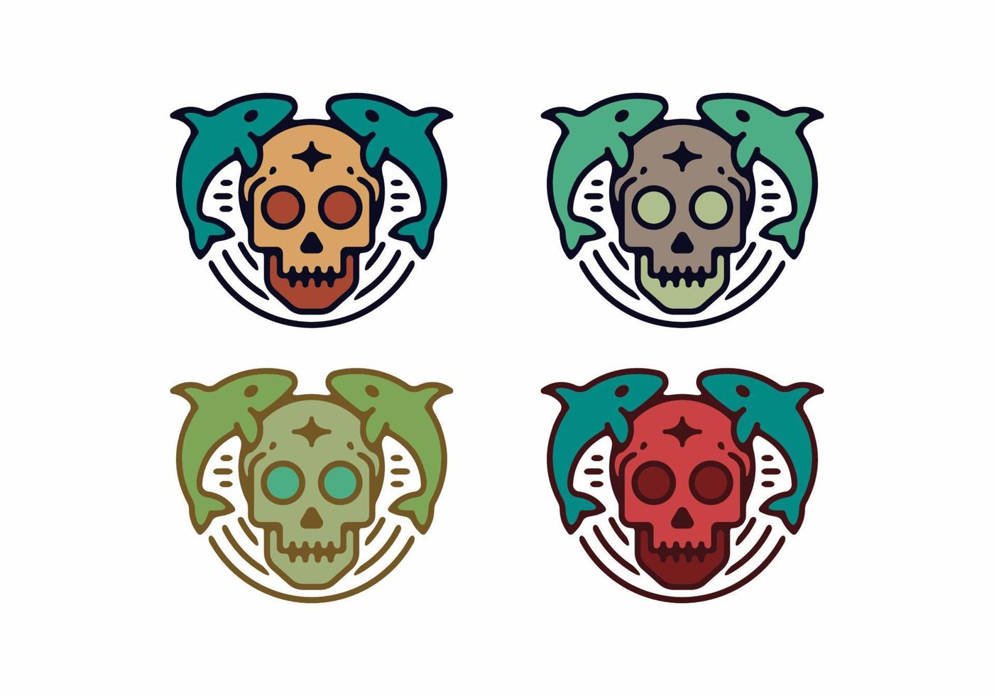 colorida ilustración vintage de calavera y tiburón vector