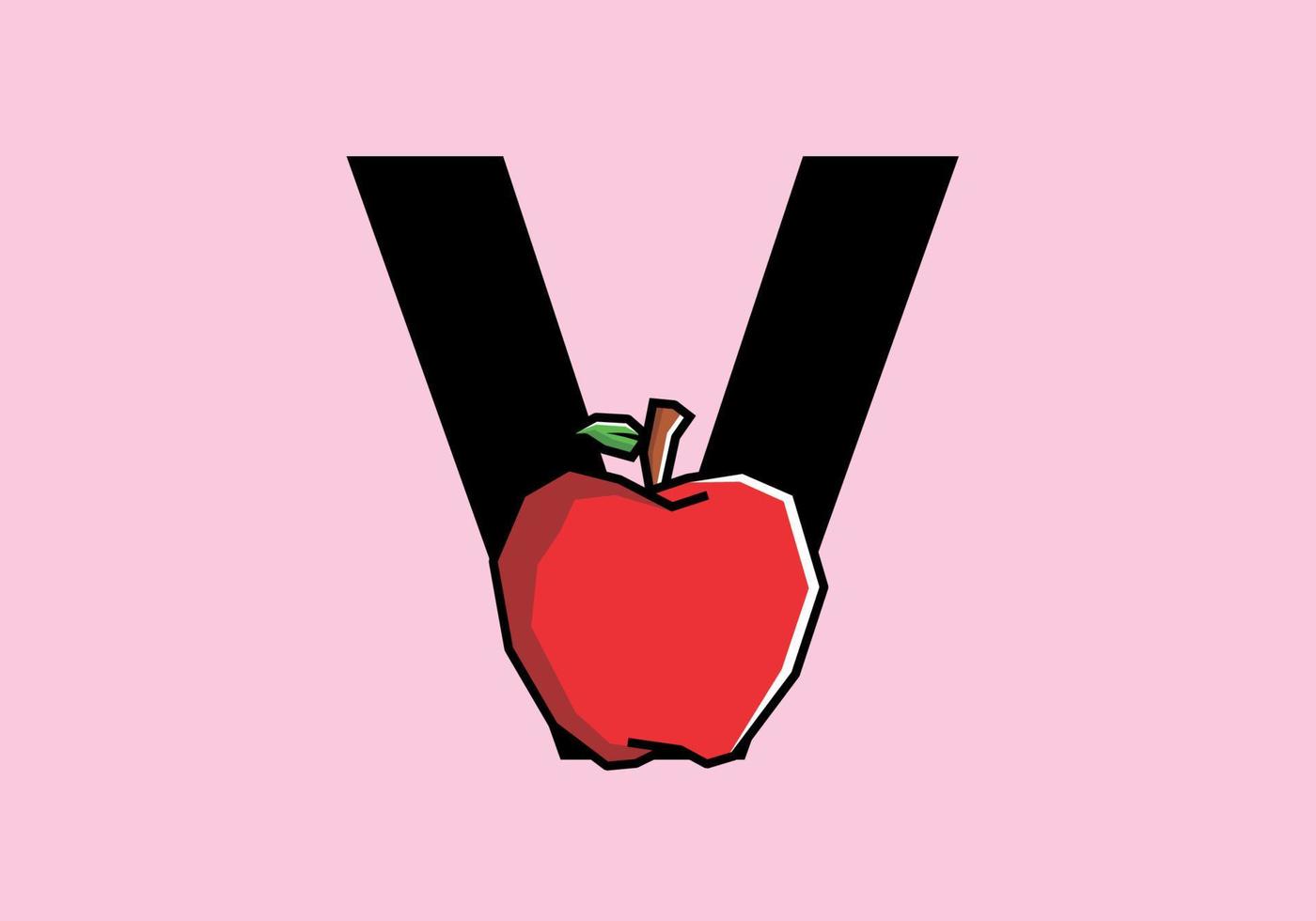 V initial letter with red apple in stiff art style vector