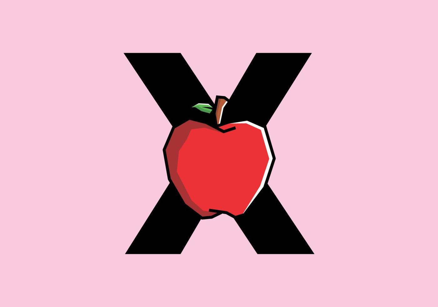 X initial letter with red apple in stiff art style vector