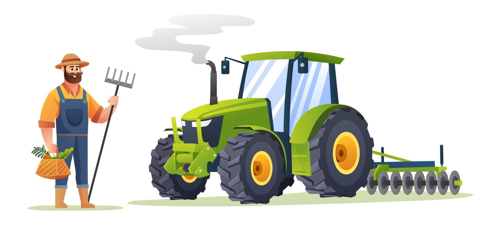 agricultor con verduras orgánicas y azada de tenedor al lado del tractor en estilo de dibujos animados. ilustración de granjero de cosecha vector