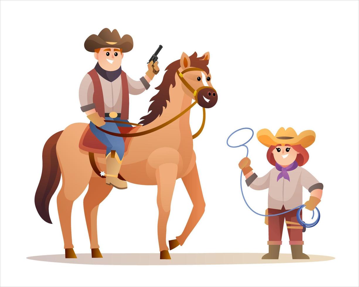 Cute cowboy holding gun while riding horse and cowgirl holding lasso rope characters. Wildlife western concept illustration vector