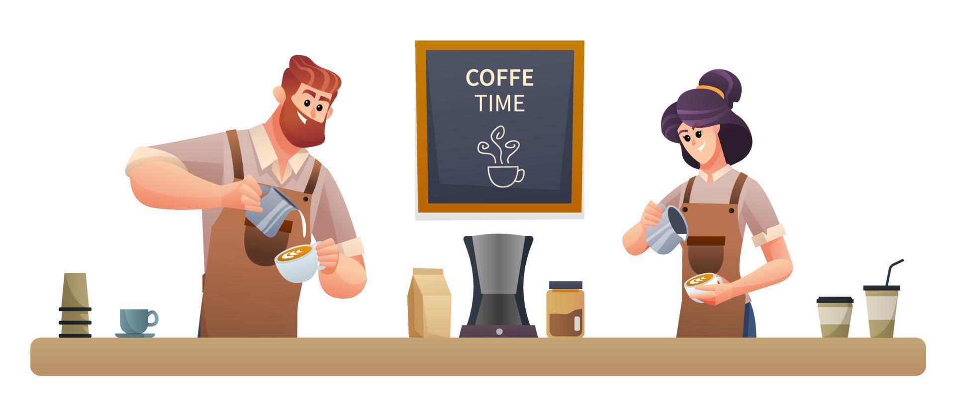 Male and female baristas making coffee at coffee shop illustration vector