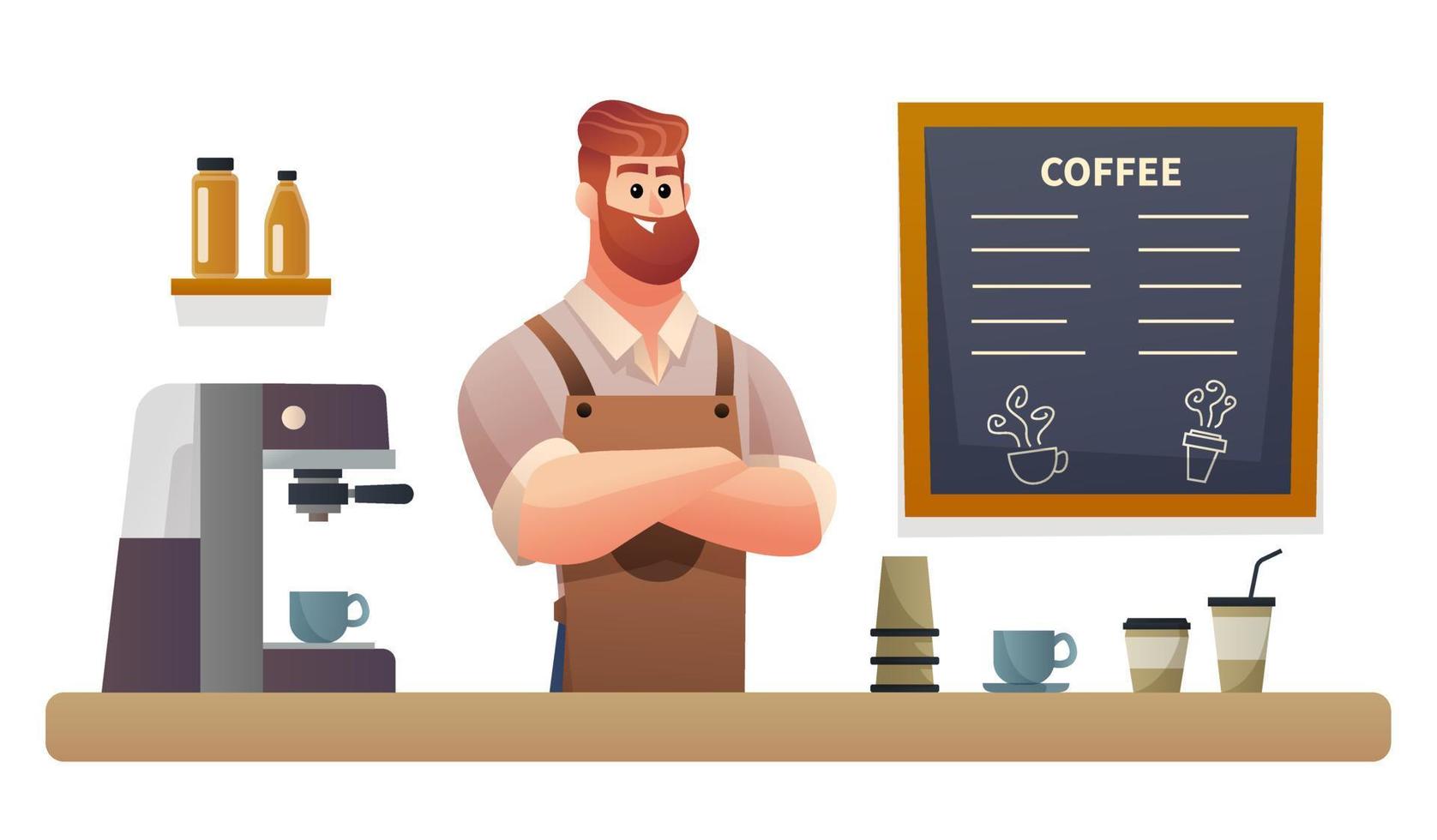 personaje de barista en la ilustración del mostrador de la cafetería vector
