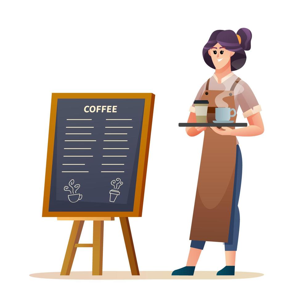 Female barista standing near menu board while carrying coffee illustration vector