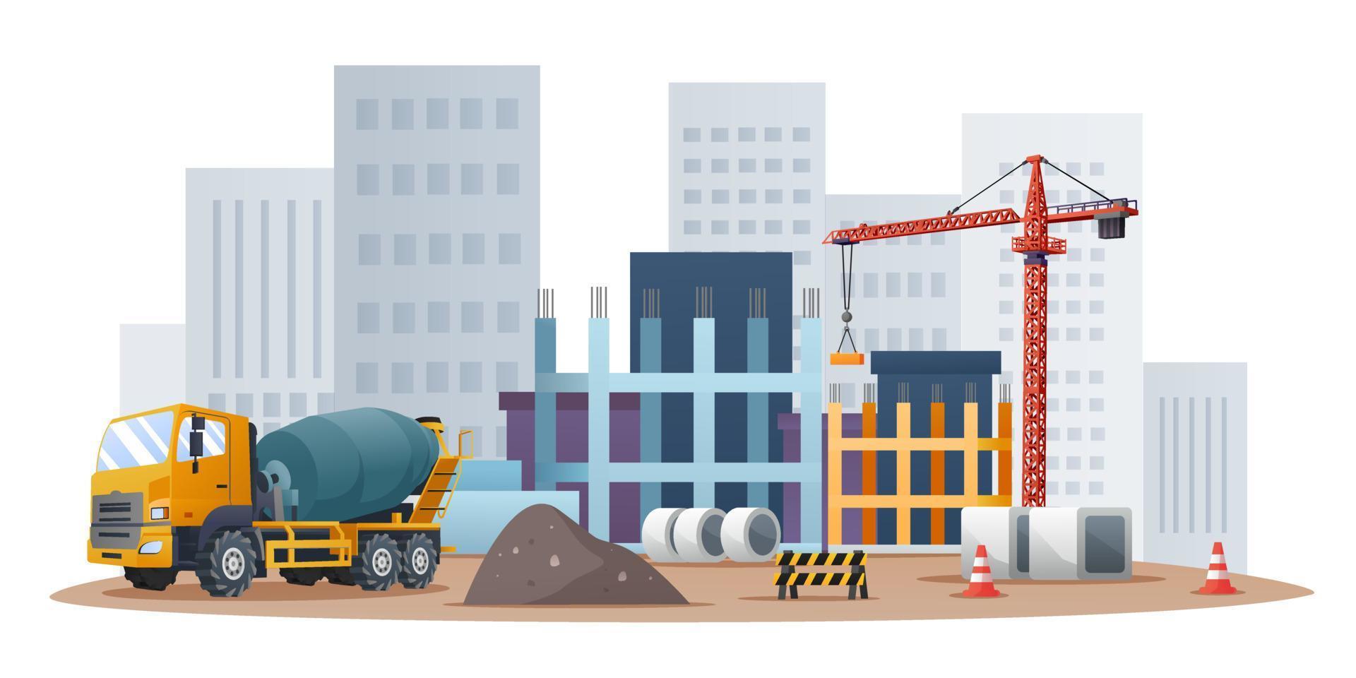 Construction site concept with concrete mixer truck and material equipment illustration vector