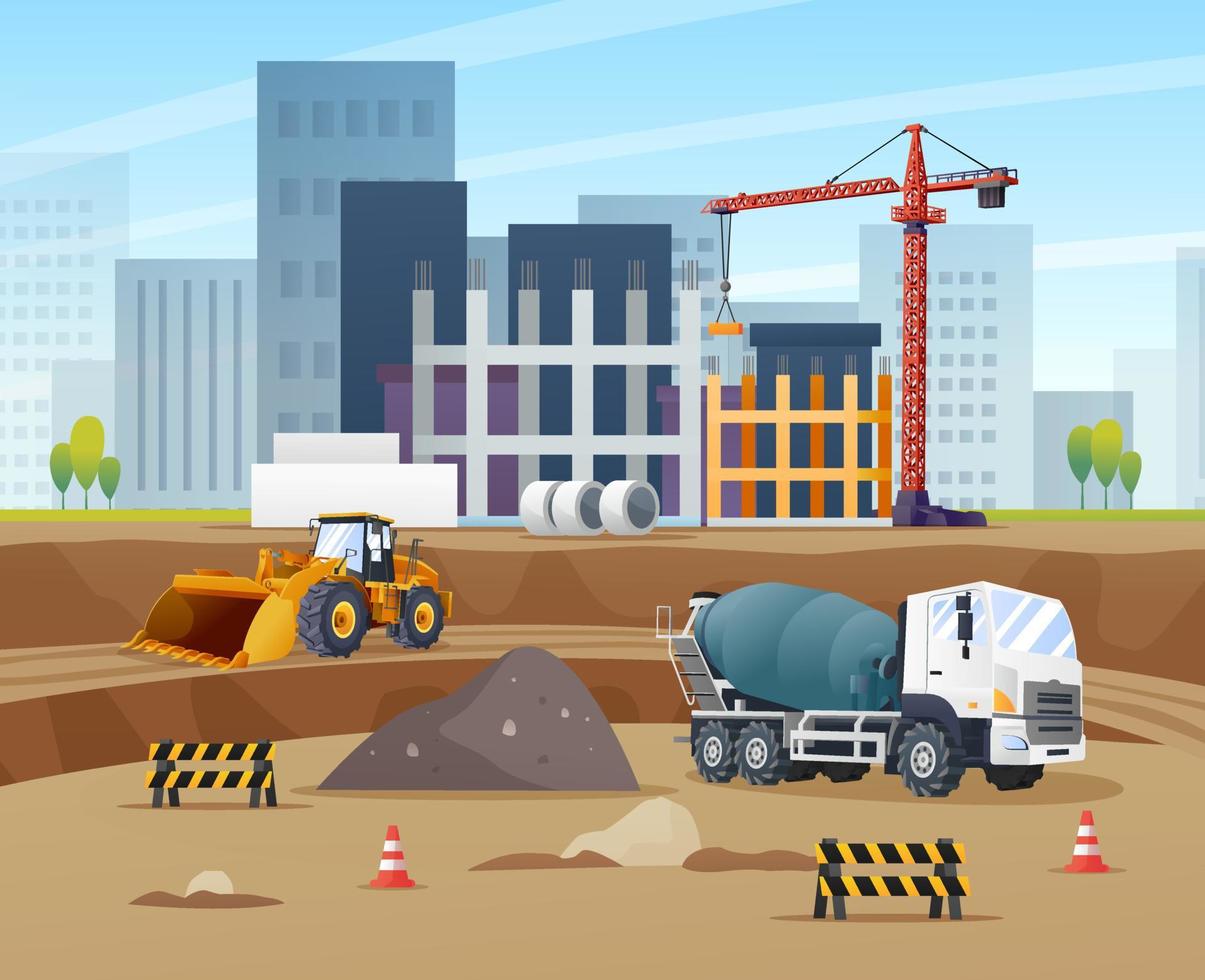 Construction site concept with wheel loader, concrete mixer truck and material equipment illustration vector