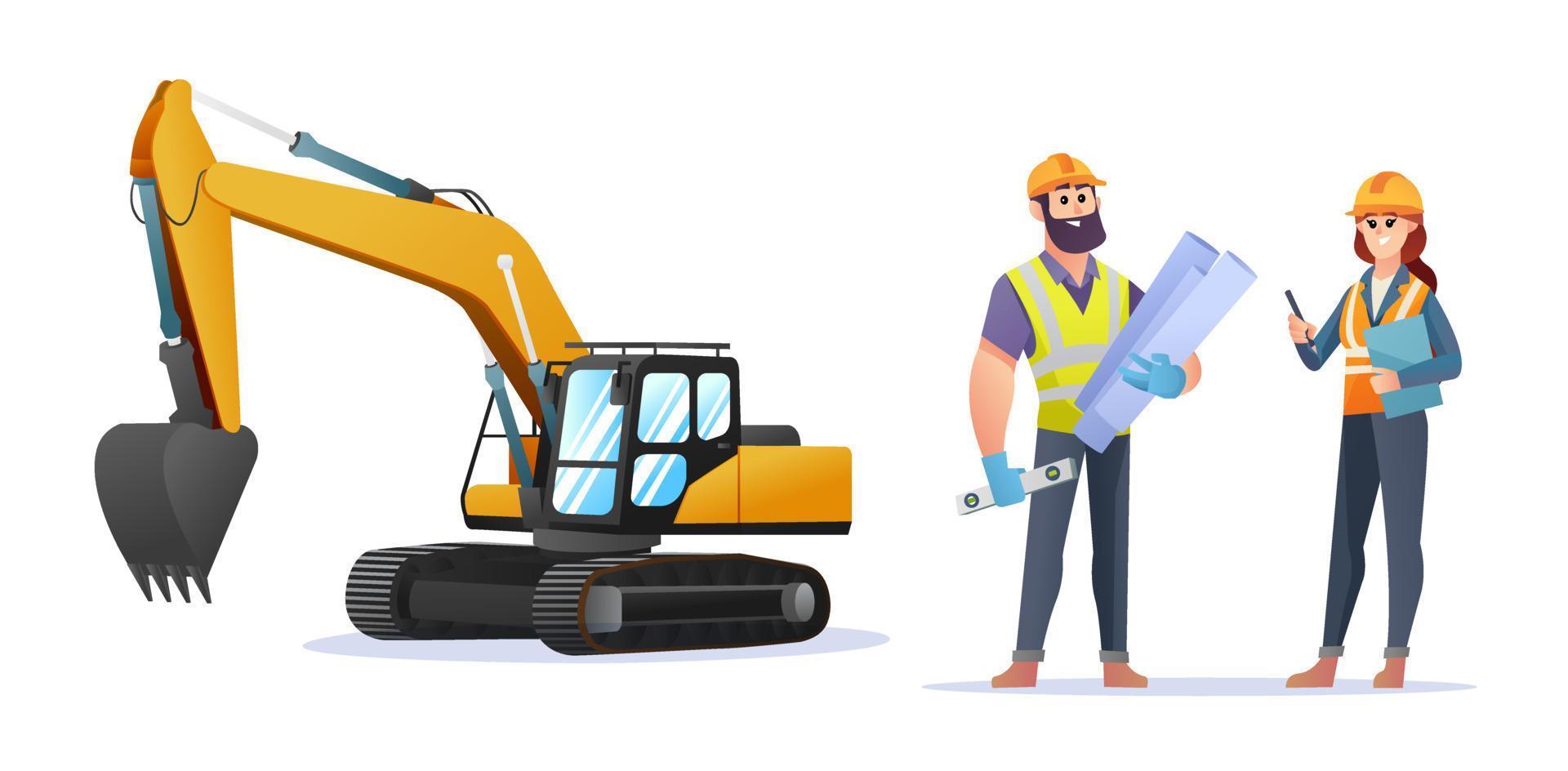 personajes de ingenieros de construcción masculinos y femeninos con ilustración de excavadora vector