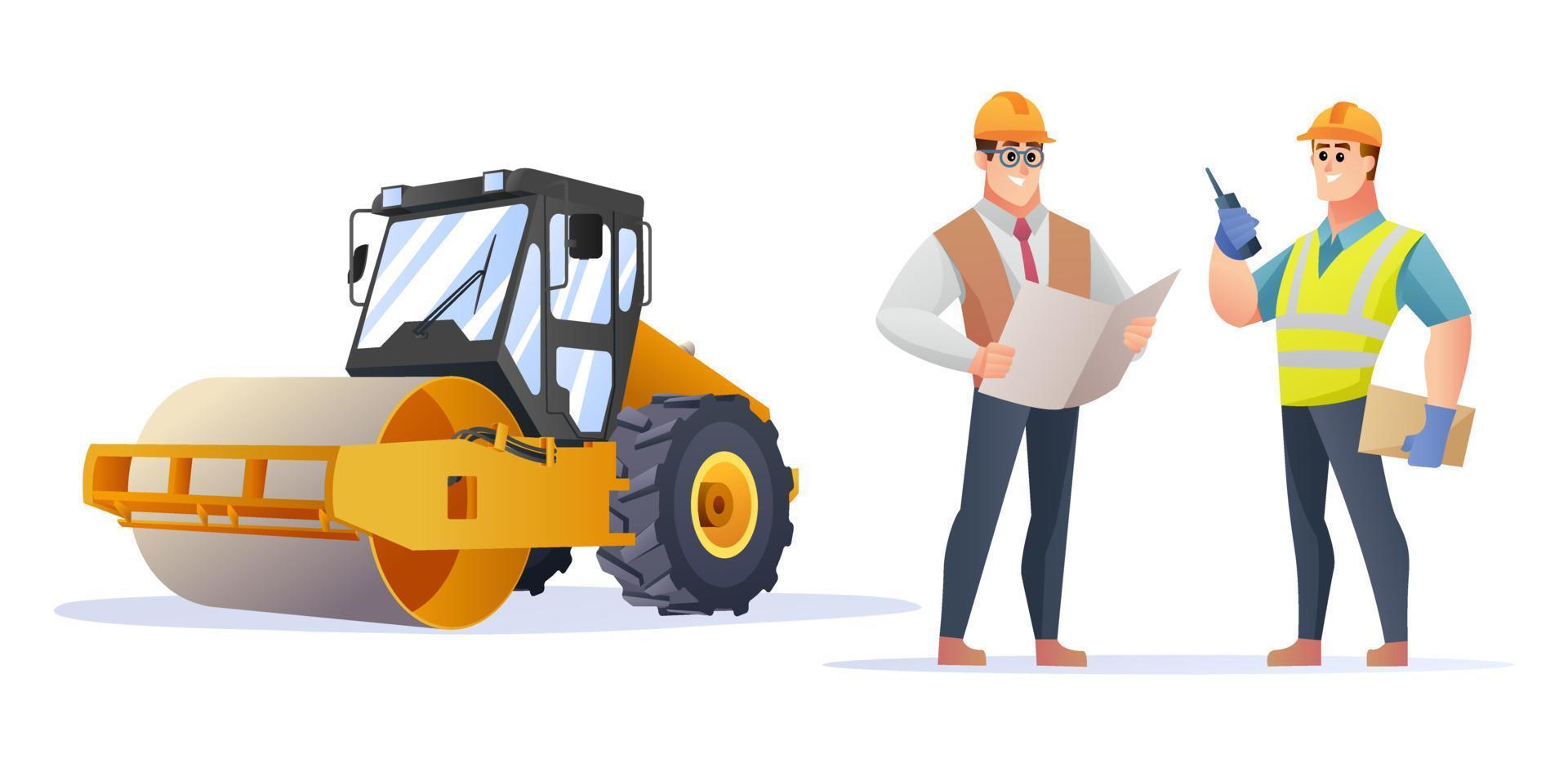 Construction foreman and engineer character with steamroller compactor illustration vector