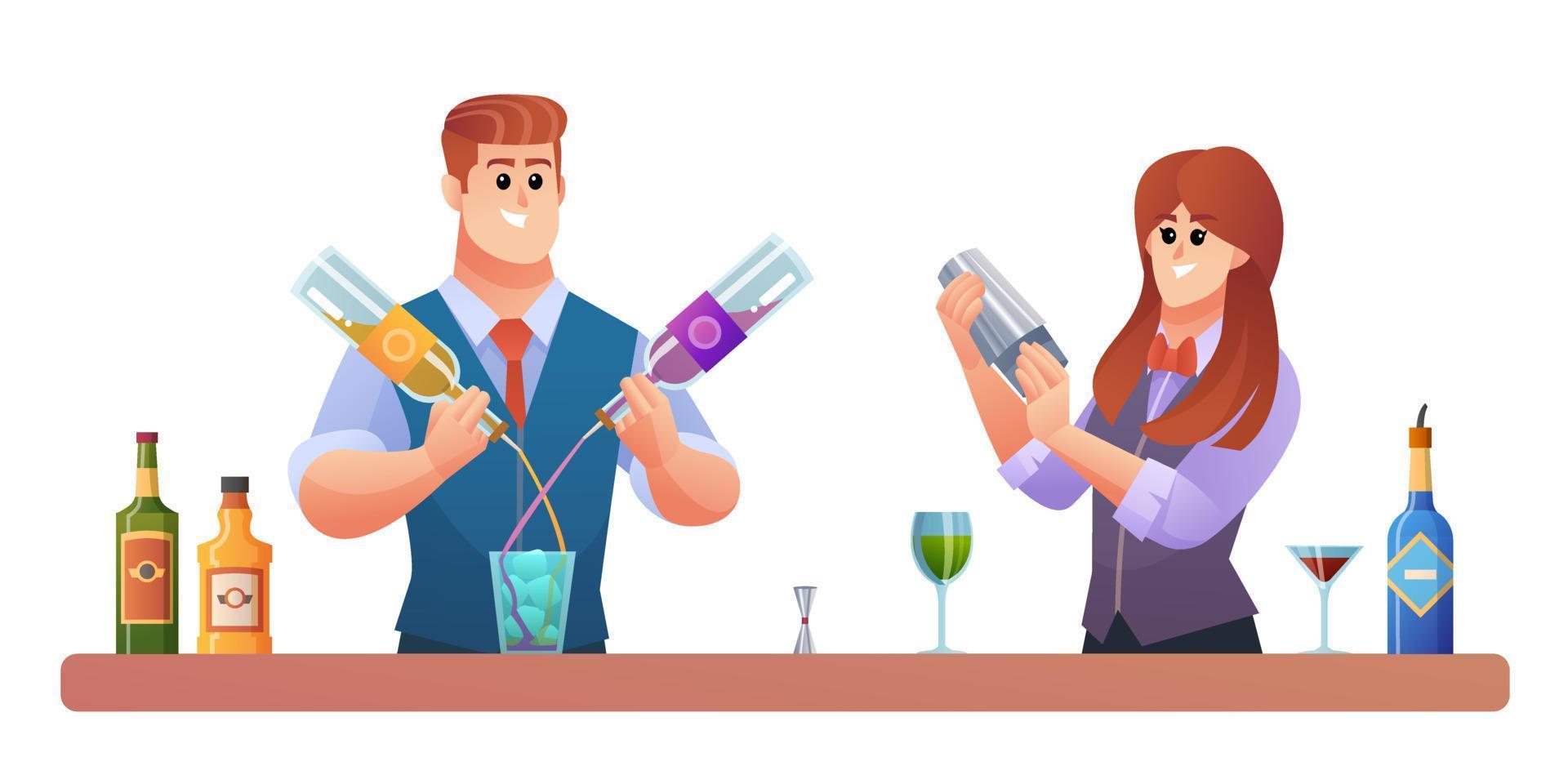 Male and female bartender characters mixing drinks concept illustration vector