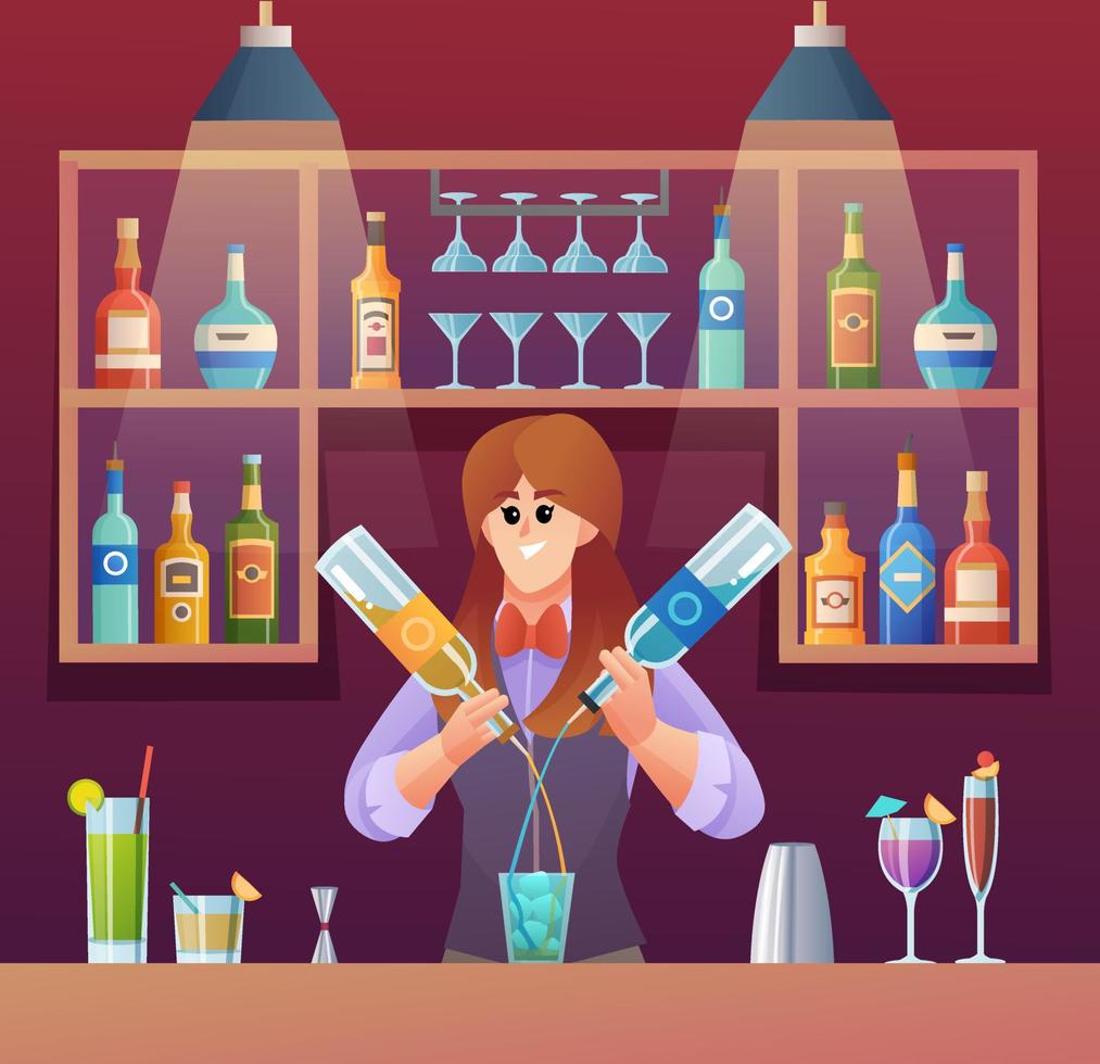 Female bartender mixing drinks at bar counter concept illustration vector