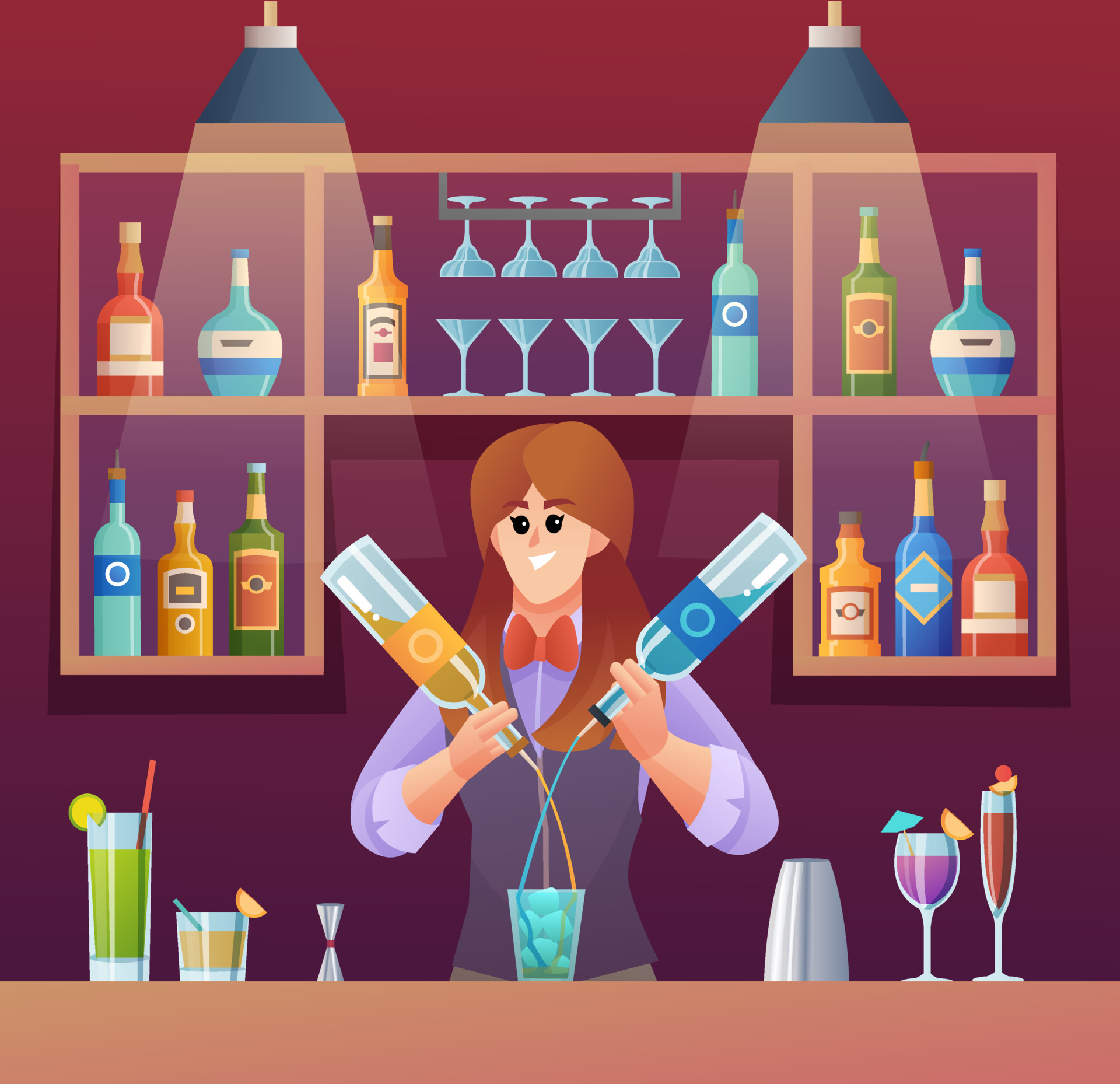Female bartender mixing drinks at bar counter concept illustration