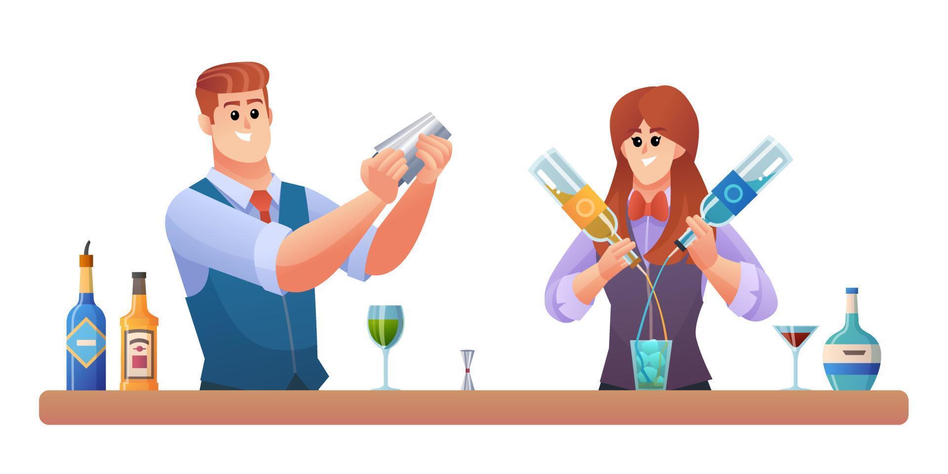 Man and woman bartender characters mixing drinks concept illustration vector