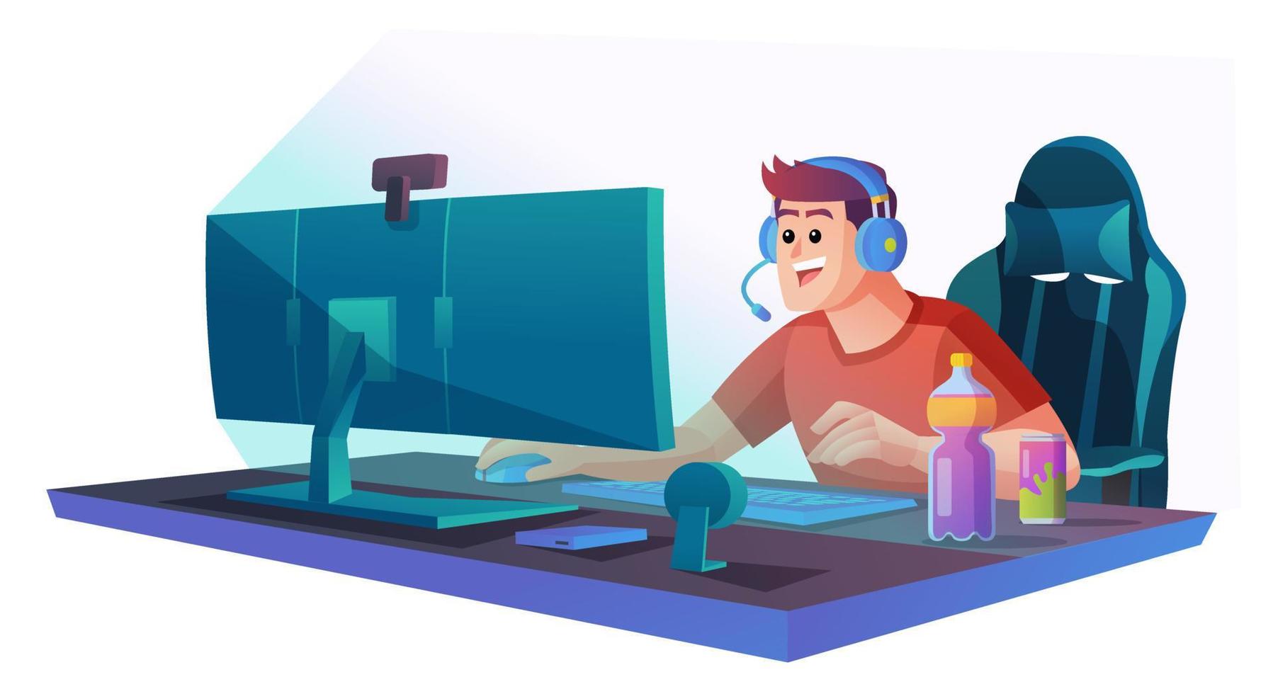 Man playing video game on the computer concept illustration vector