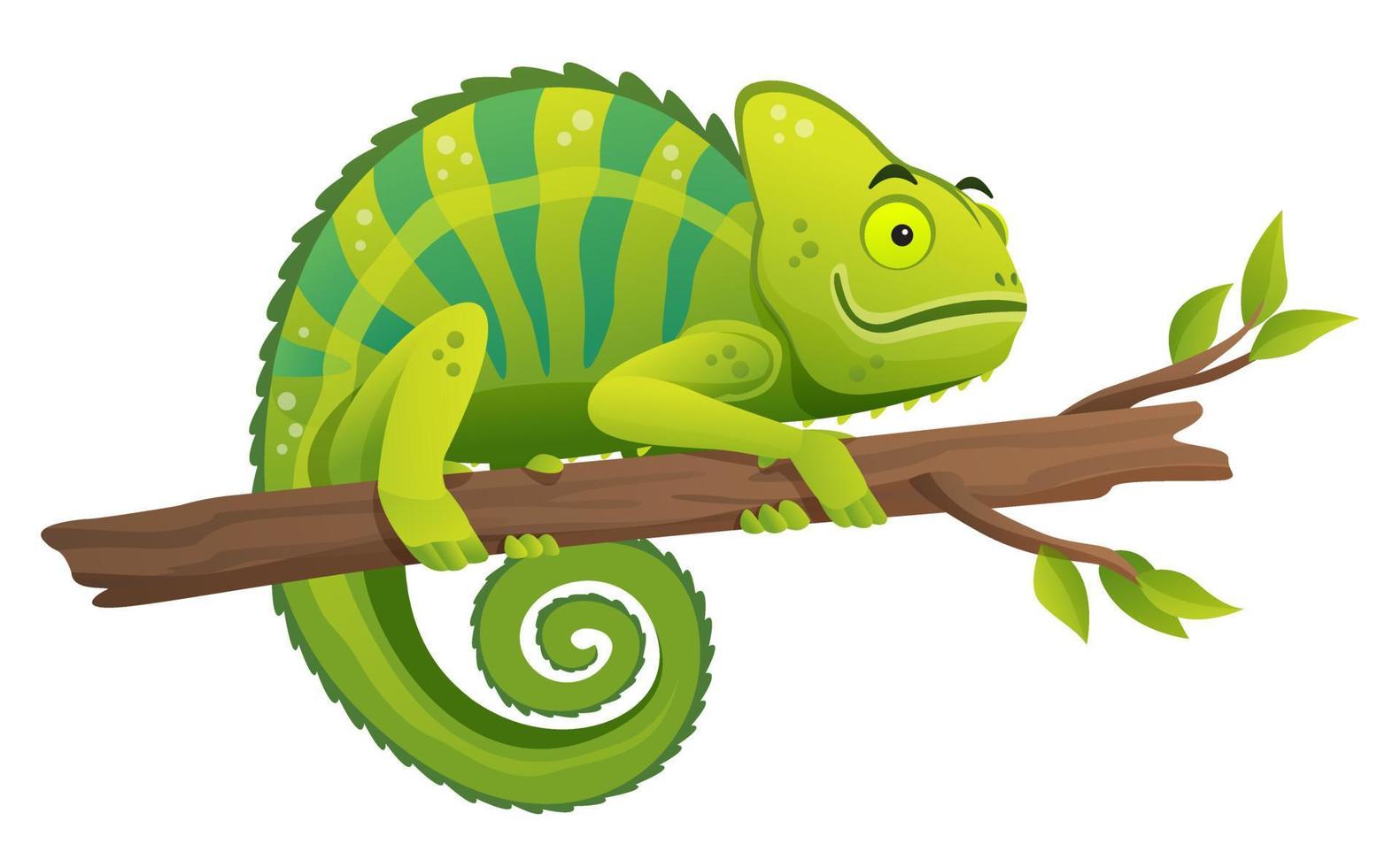 Cute chameleon sitting on branch cartoon illustration vector