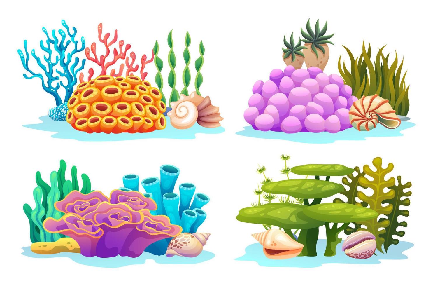 conjunto de arrecifes de coral submarinos, algas, algas y conchas marinas en varios tipos de ilustración de dibujos animados vector