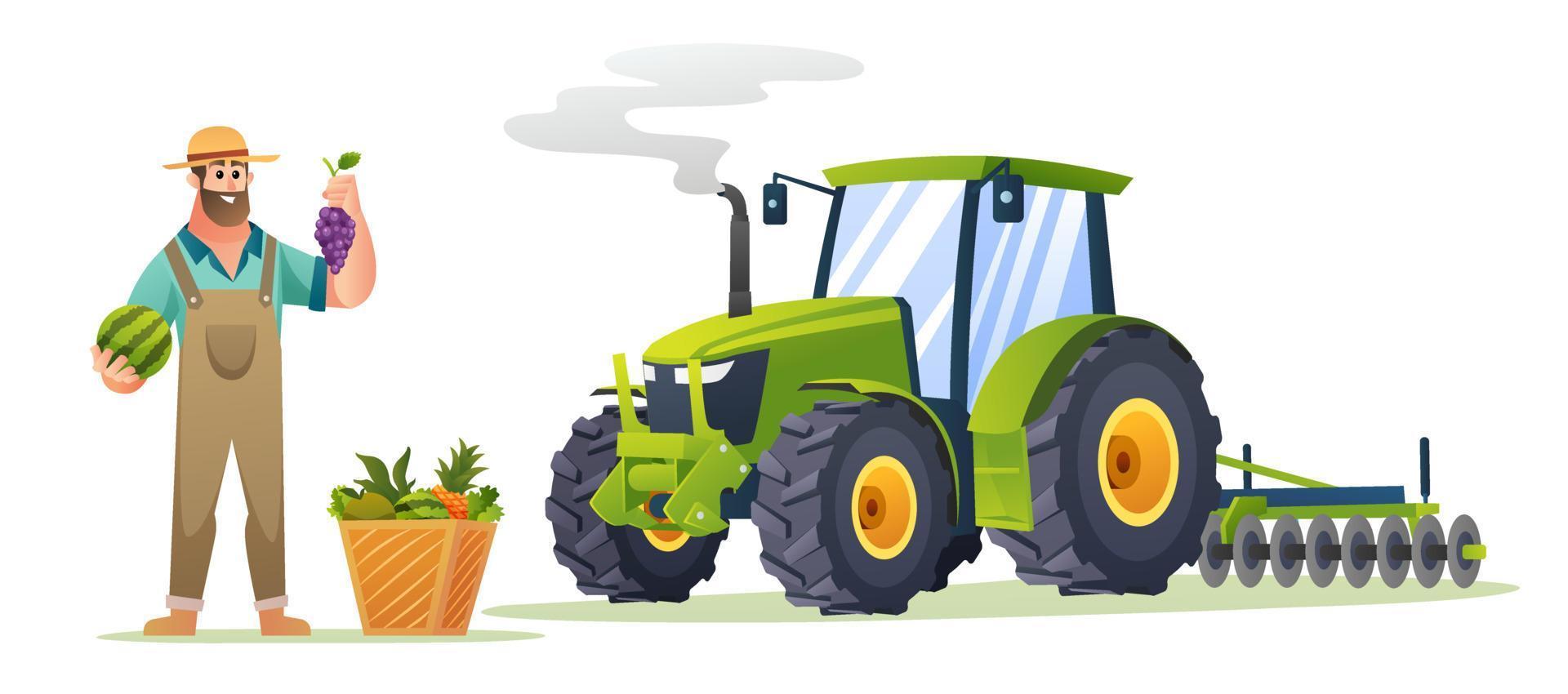 granjero feliz con frutas frescas y tractor en estilo de dibujos animados. ilustración de granjero de cosecha vector