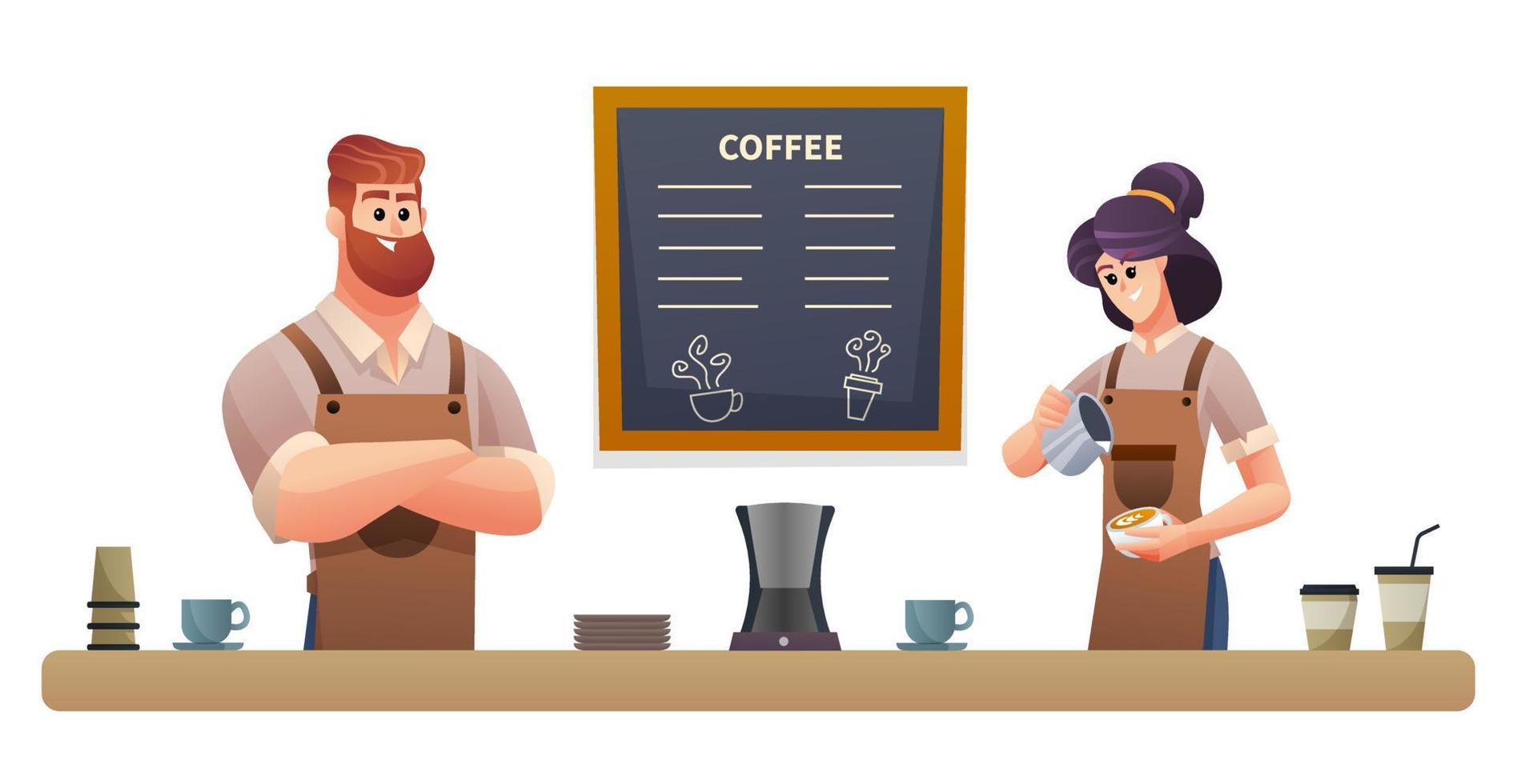 Man and woman baristas working at coffee shop illustration vector