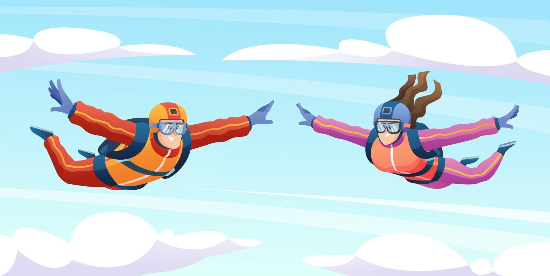 Man and woman skydiving in the sky. Couple doing parachute skydiving