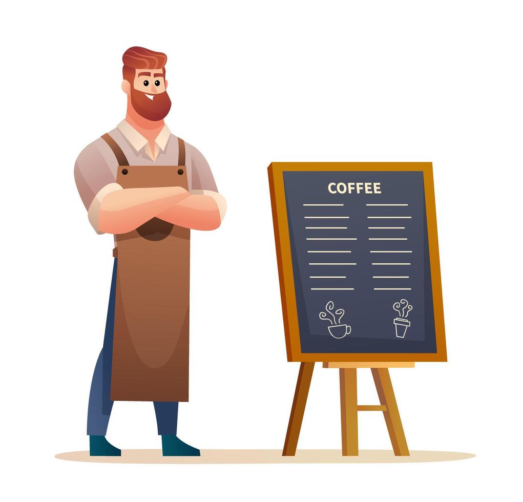 barista de pie cerca de la ilustración del tablero del menú vector