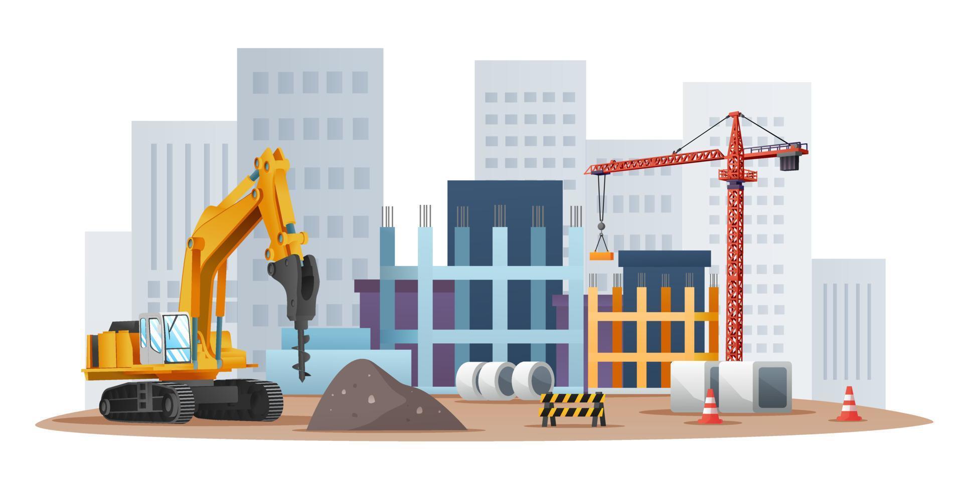 Construction site concept with drill excavator and material equipment illustration vector