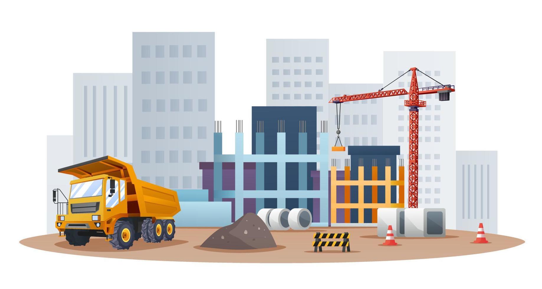Construction site concept with truck and material equipment illustration vector