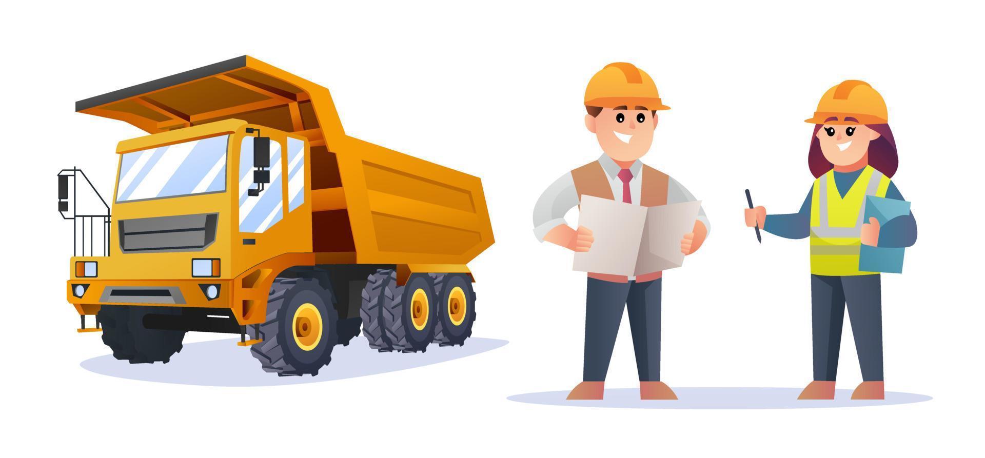 Cute construction foreman and female engineer characters with truck illustration vector