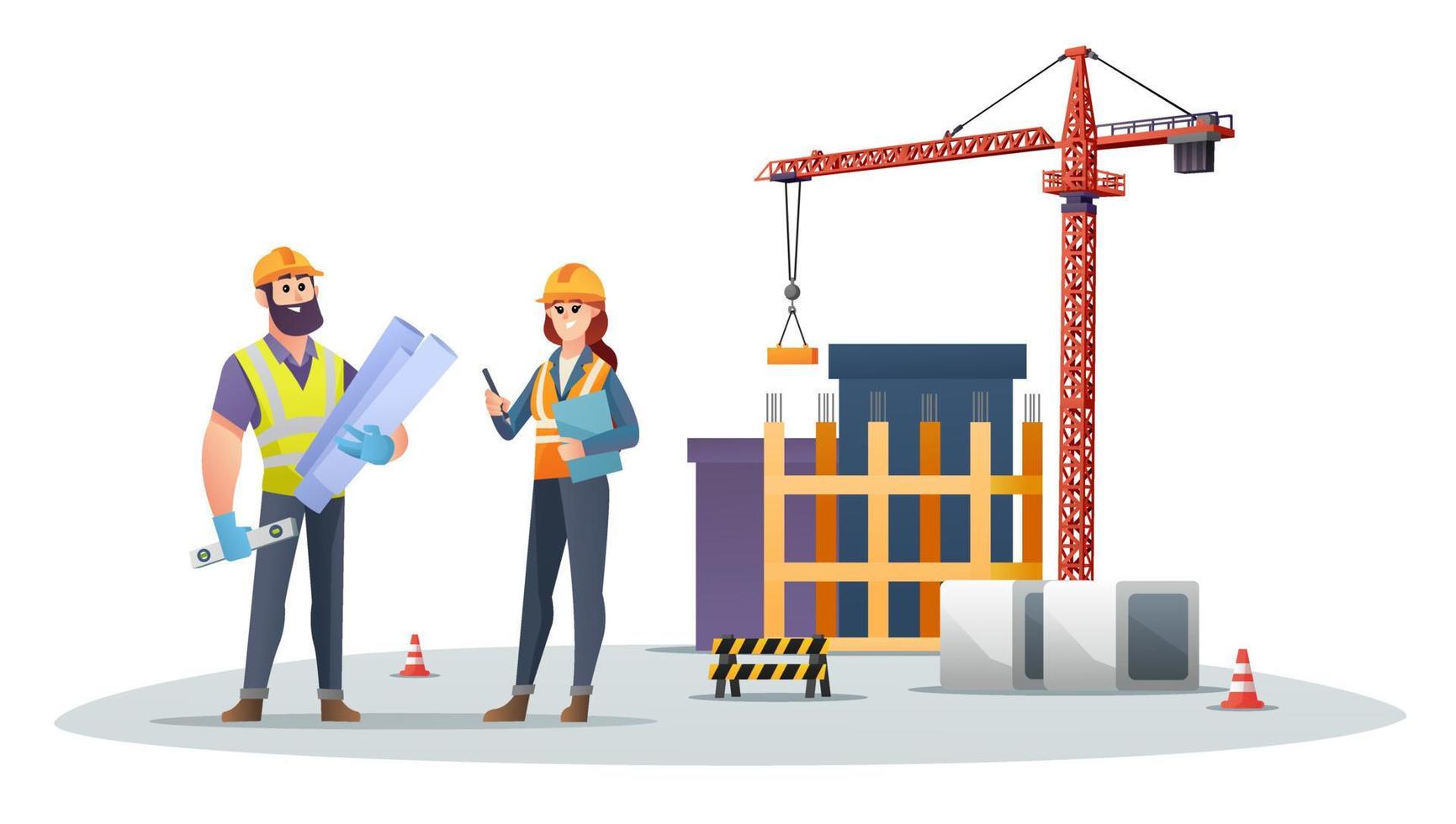 Male and female construction engineer characters on construction site with tower crane illustration vector