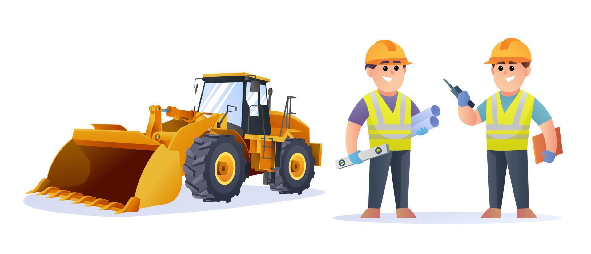 Cute construction engineer characters with wheel loader illustration vector