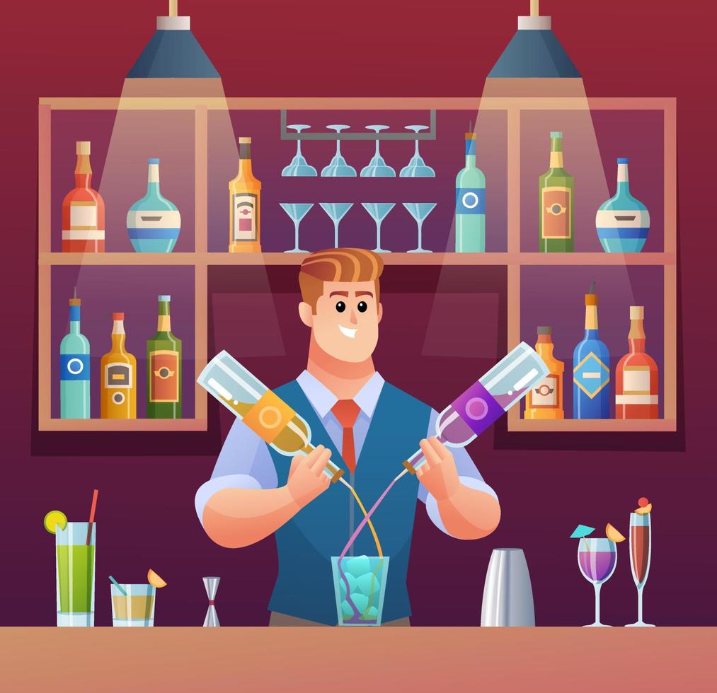 Bartender mixing drinks at bar counter cartoon illustration vector
