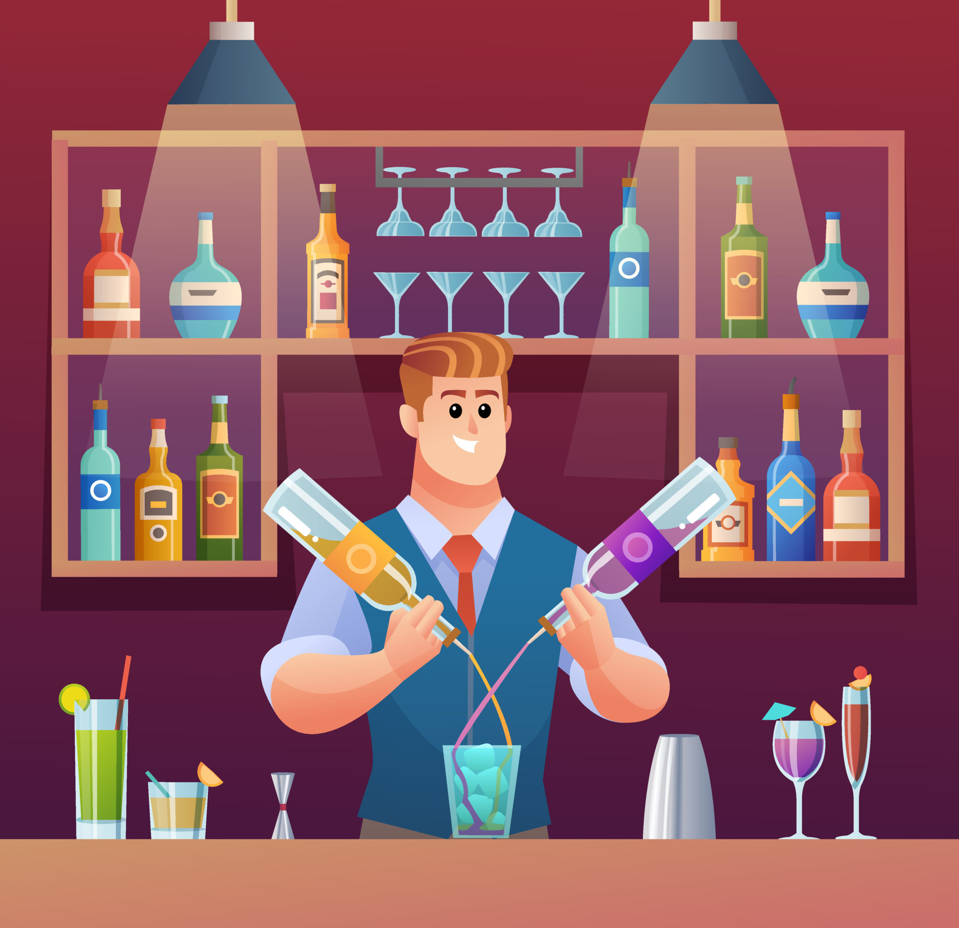 Bartender mixing drinks at bar counter cartoon illustration 6607739 Vector  Art at Vecteezy