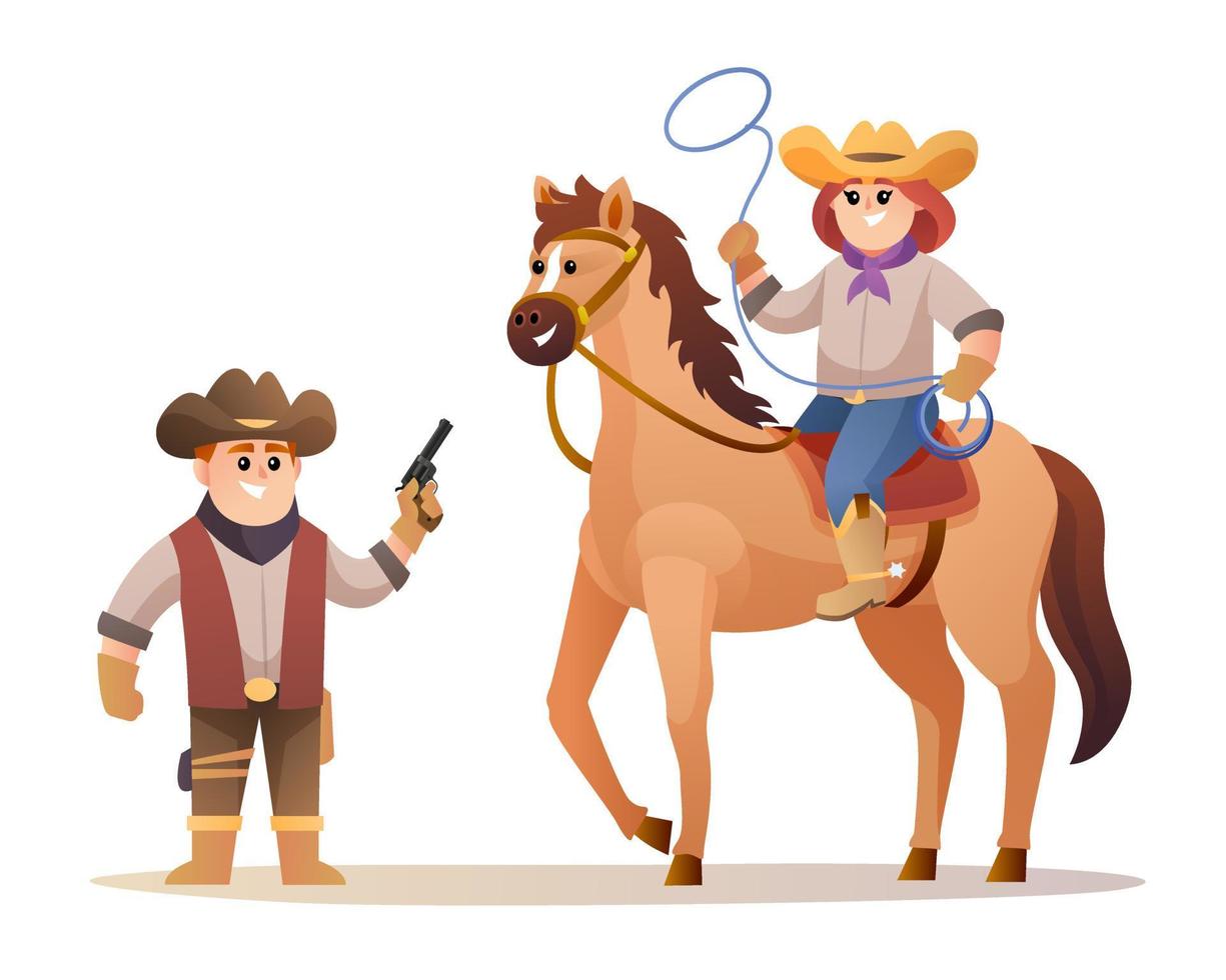 lindo vaquero sosteniendo un arma y una vaquera sosteniendo una cuerda de lazo mientras monta personajes a caballo. ilustración del concepto occidental de vida silvestre vector