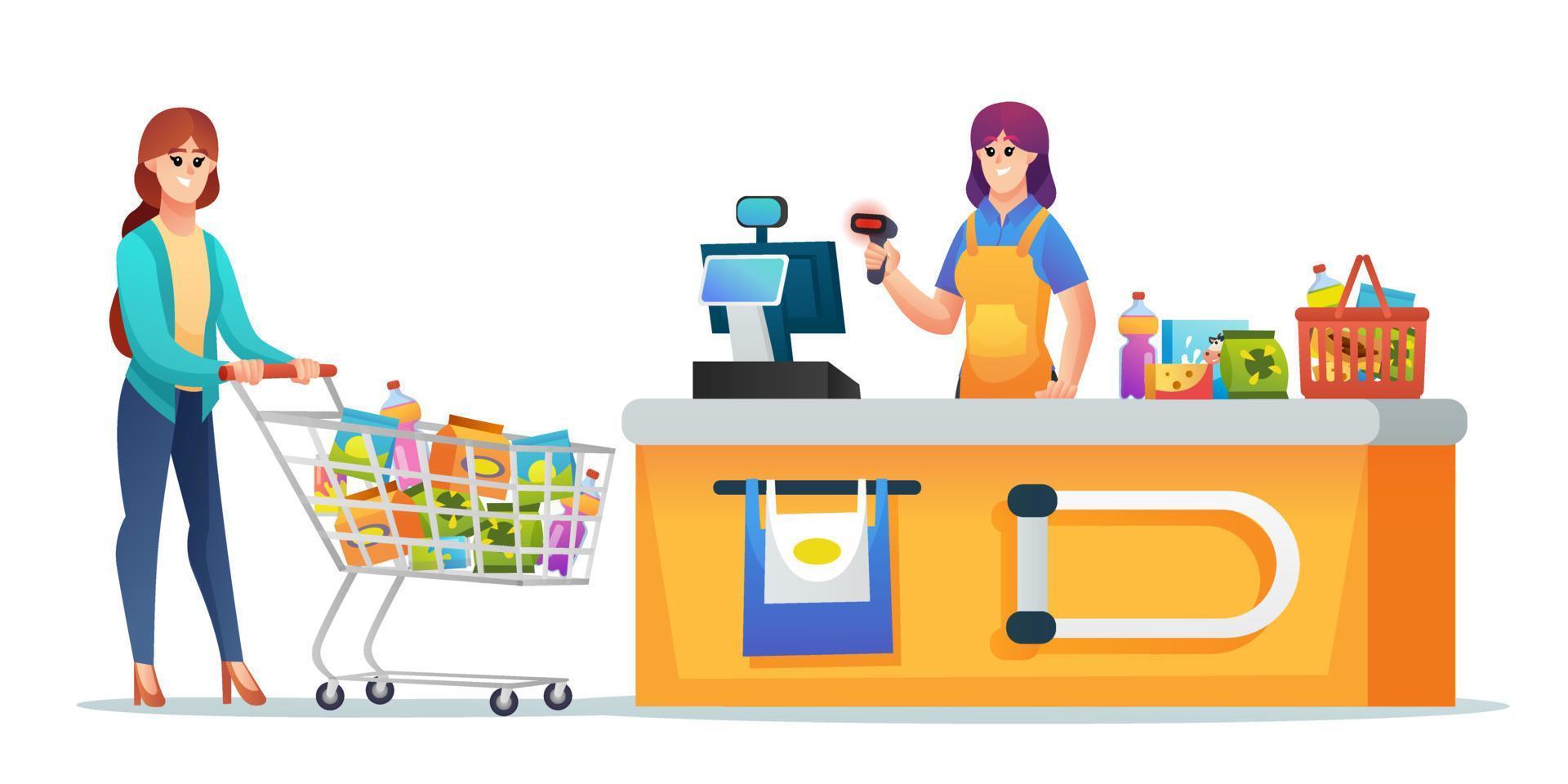 Cashier and customer with grocery trolley and basket at supermarket checkout counter illustration vector