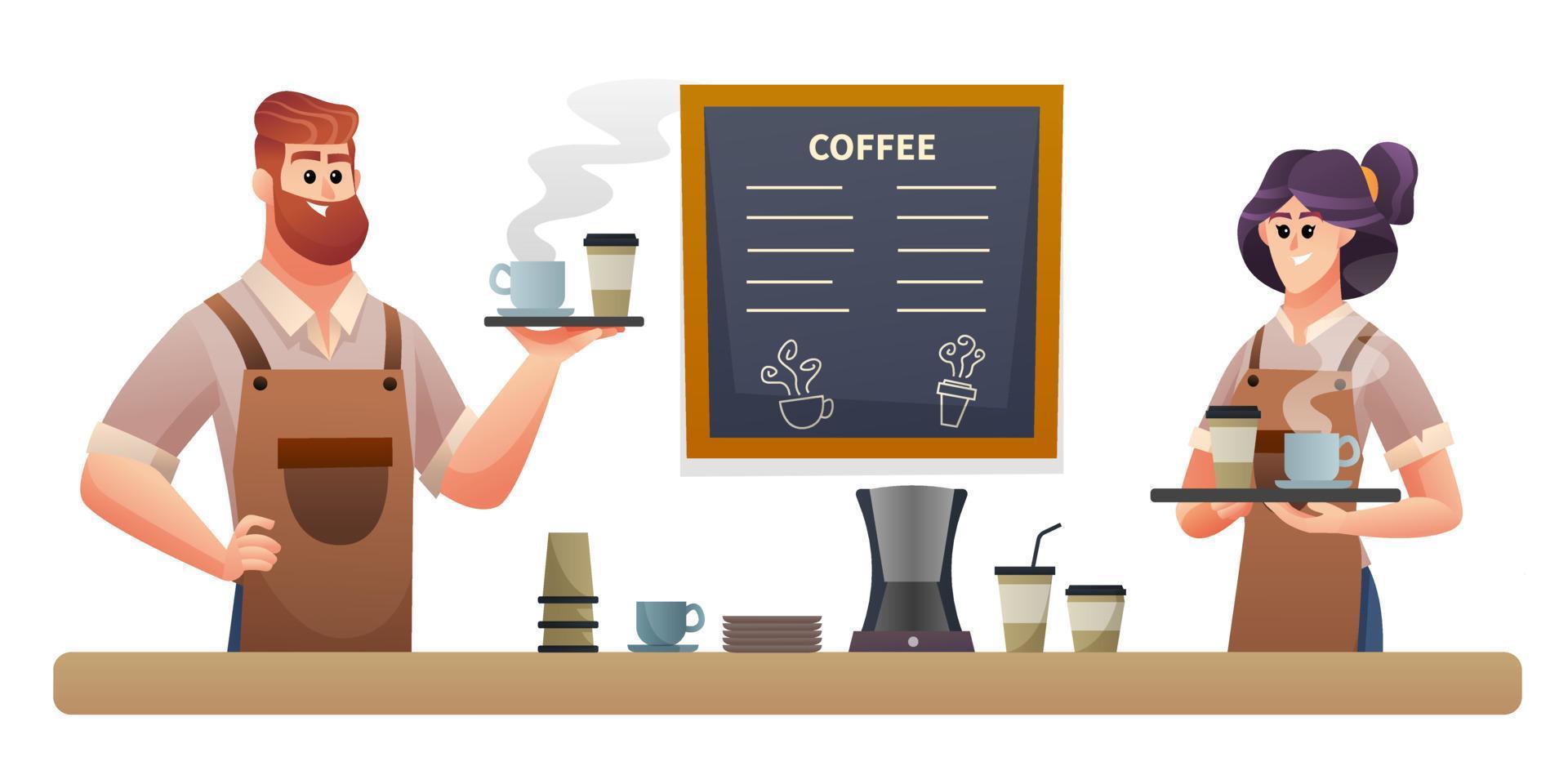 Male and female baristas carrying coffee at coffee shop illustration vector