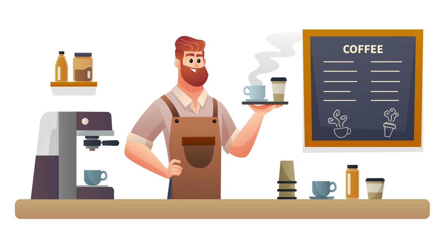 barista llevando café con bandeja en la ilustración del mostrador de la cafetería vector